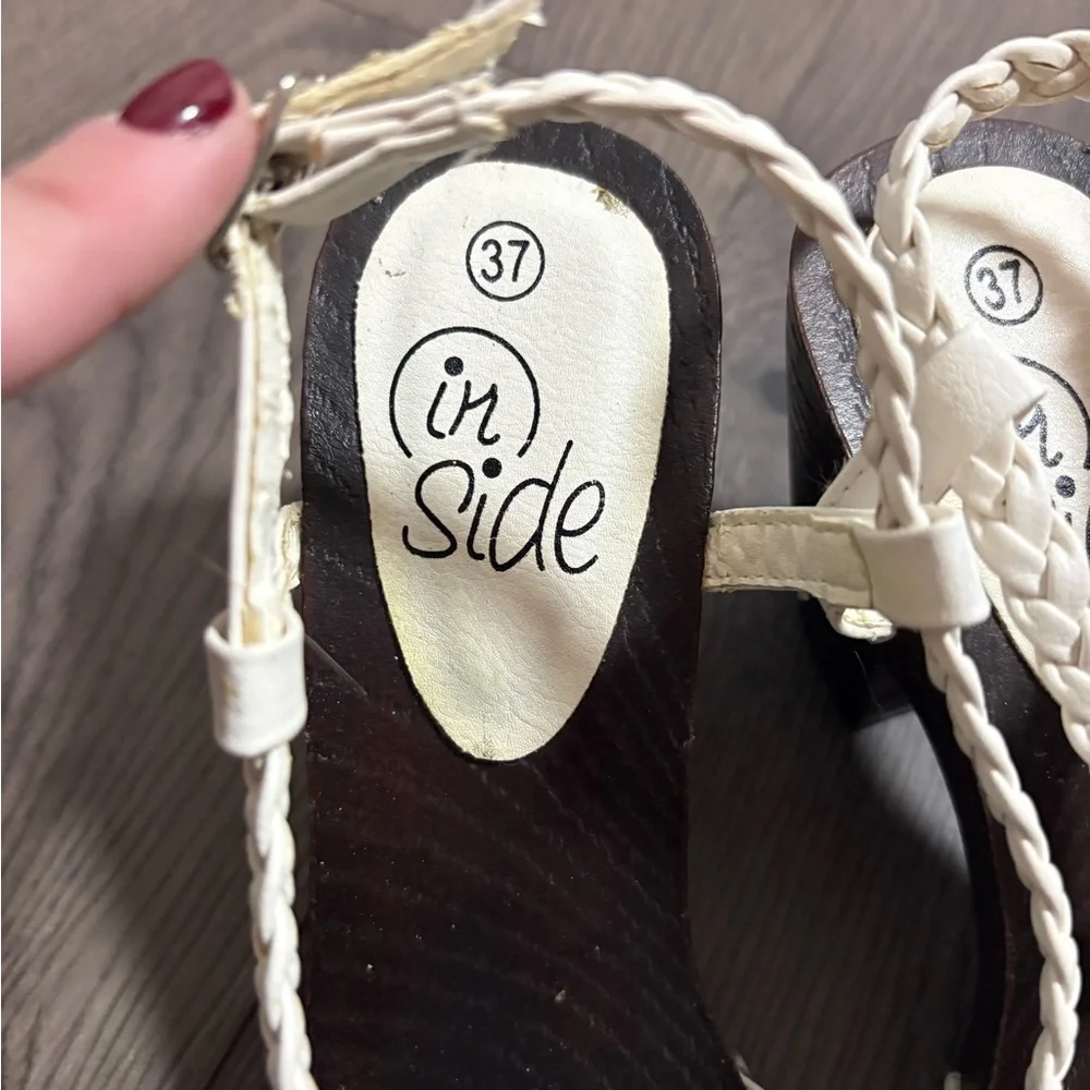 White Braided‎ Strapped Faux Wood Block Heel Studded Sandals Italian Classic